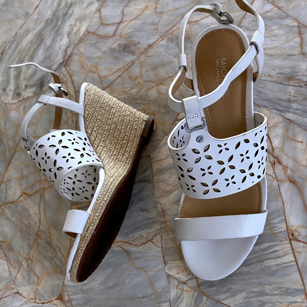 MICHAEL Michael Kors White Leather Laser Cut Floral Espadrille Wedge Sandals 6.5
